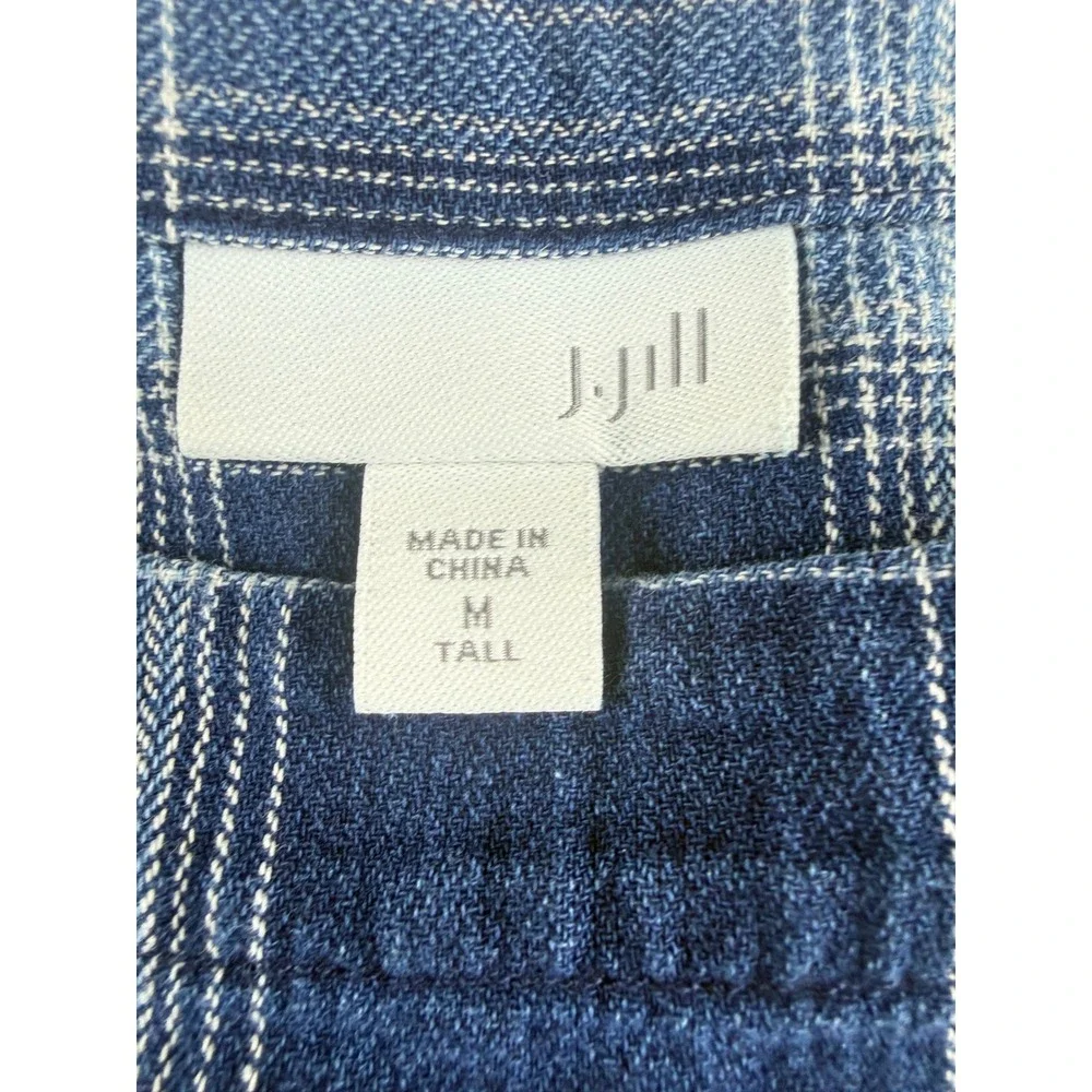 J Jill Womens Medium Tall Blue Plaid Cotton Button Back Long Sleeve Top Shirt